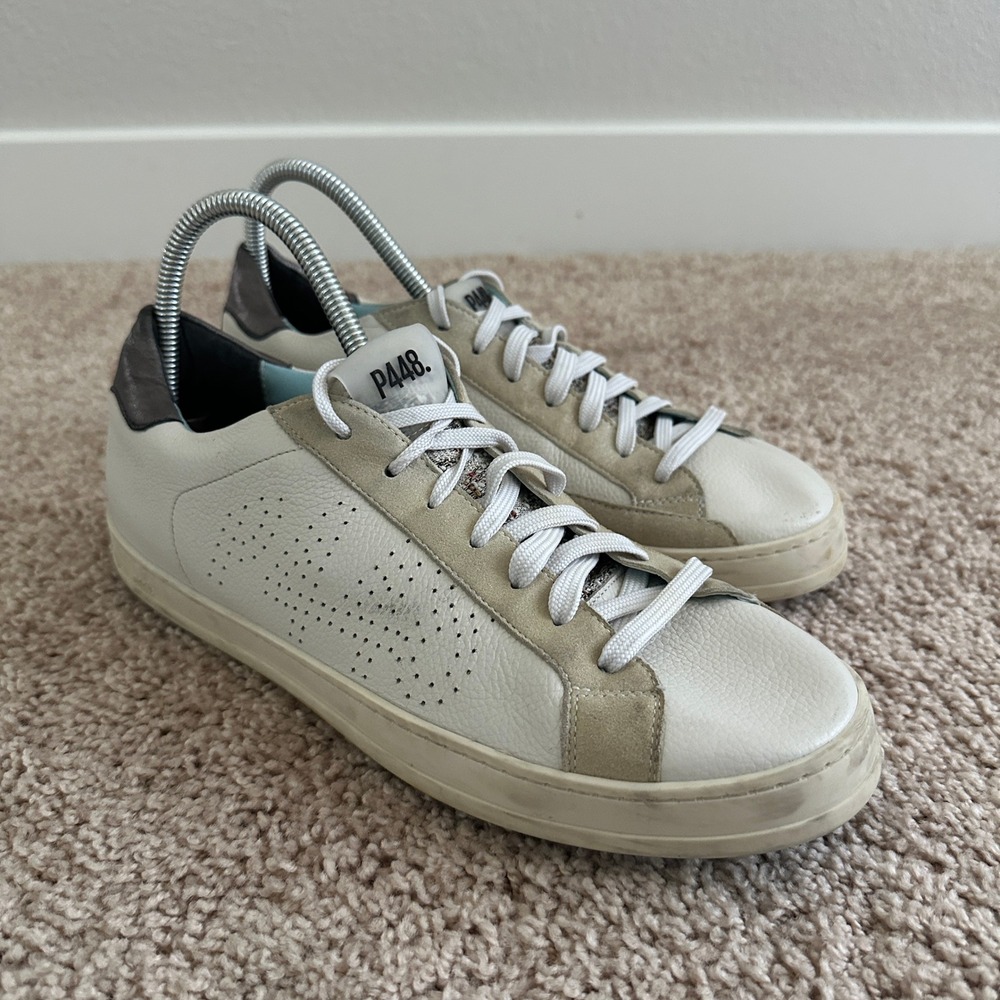 P448 John Sneakers M 9 W 11.5 White Sand Silver Leather Low Top Surf Terry Italy